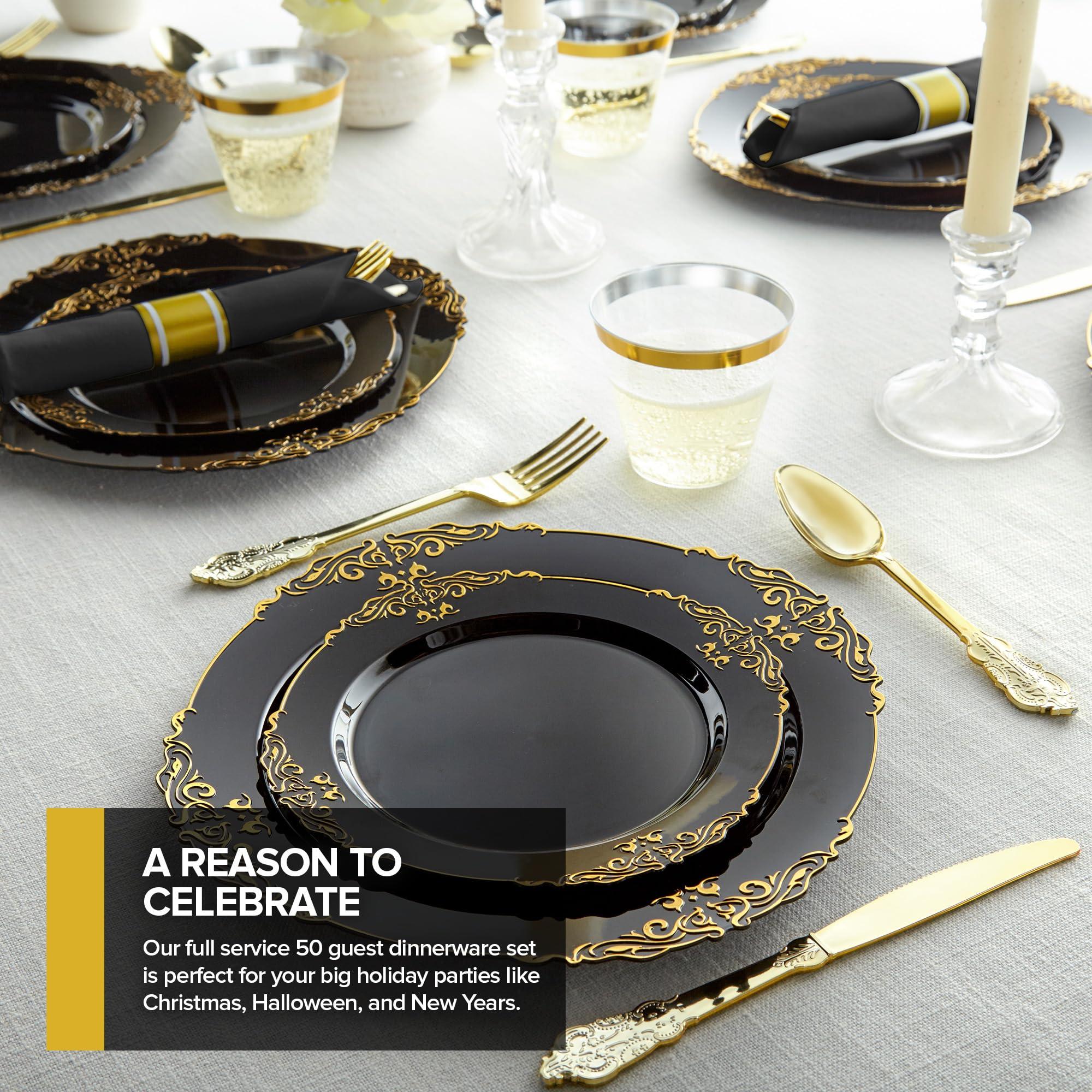 Stock Your Home Stock Your Home Black and Gold Plates Set with Pre-Rolled Cutlery with Napkins & Gold Cups, Dinnerware for 50 Guests (350pcs), Disposable Party Sets for Wedding, Bridal Shower, Graduation Parties