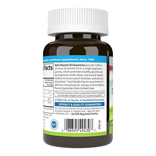 Carlson Carlson - Kid's Vitamin D3 Gummies, 1000 IU (25 mcg), Bone Health & Immune Support, Growth & Development, Vitamin D Gummies, D3 Gummy Vitamins, Natural Fruit Flavors, 60 Vegetarian Gummies