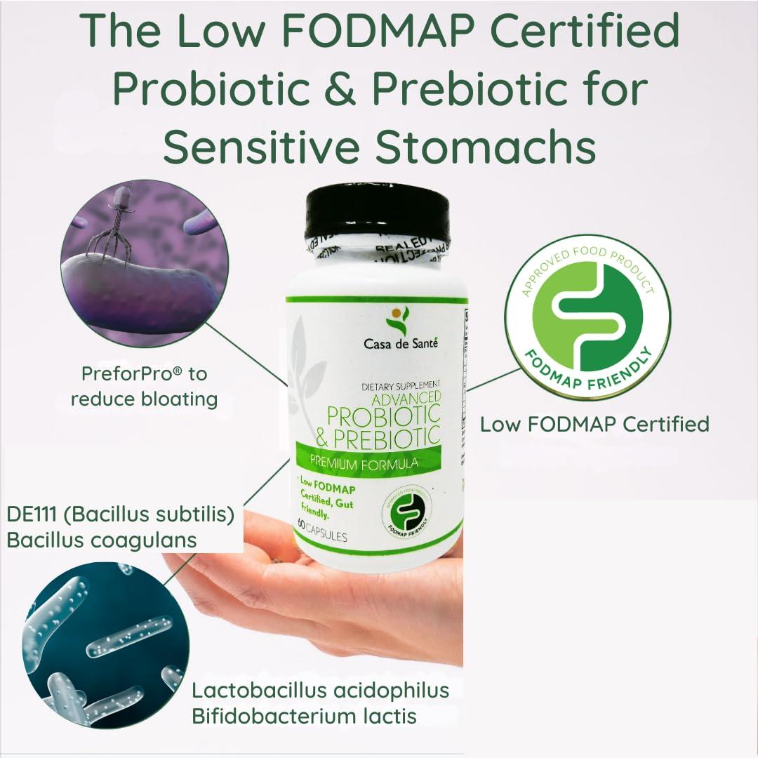 Casa de Sante Casa de Sante Low FODMAP Certified Probiotic & Prebiotic Synbiotic Supplement, IBS IBD & SIBO Dairy Free Vegan, Soy/Gluten/Inulin Free Non GMO No Gas No Bloating (60 Caps)