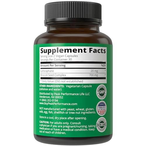 Peak Performance Sulforaphane Supplement 20mg + Broccoli Seed Extract Vegan Capsules. Activated and Stabilized Sulforaphane From Broccoli Sprouts + Broccoli Seed. Complete Antioxidant. Non-GMO, Gluten Free.