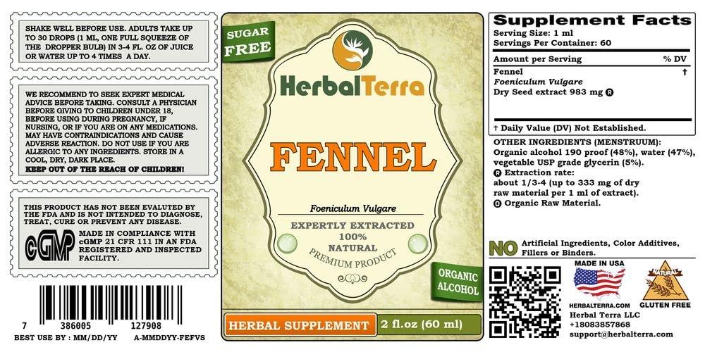 Herbal Terra LLC Fennel (Foeniculum Vulgare) Tincture, Organic Dried Seeds Liquid Extract (Brand Name: HerbalTerra, Proudly Made in USA) 30x2 fl.oz (30x60 ml)