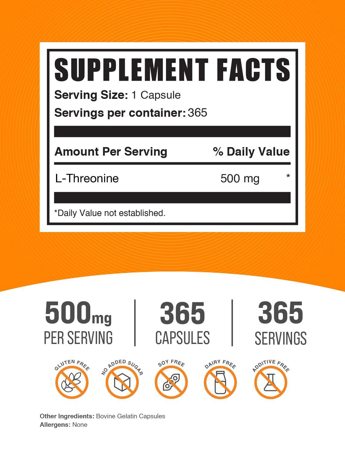 BULKSUPPLEMENTS.COM BulkSupplements.com L-Threonine Capsules - L-Threonine Supplement, Threonine 500mg - Amino Acid Supplement, Gluten Free, 1 Capsule per Serving, 365 Capsules (Pack of 1)