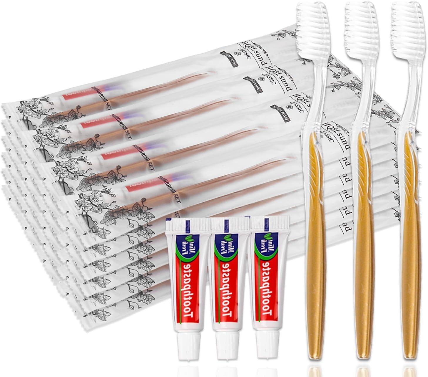 HQSLsund HQSLsund 20 pcs Disposable Toothbrush with Toothpaste Bulk Individually Wrapped, Travel Toothbrush Kit, Hotel Toothbrushes Bulk for Airbnb,Shelter/Wedding/Nursing Home/Charity/Homeless, Gold