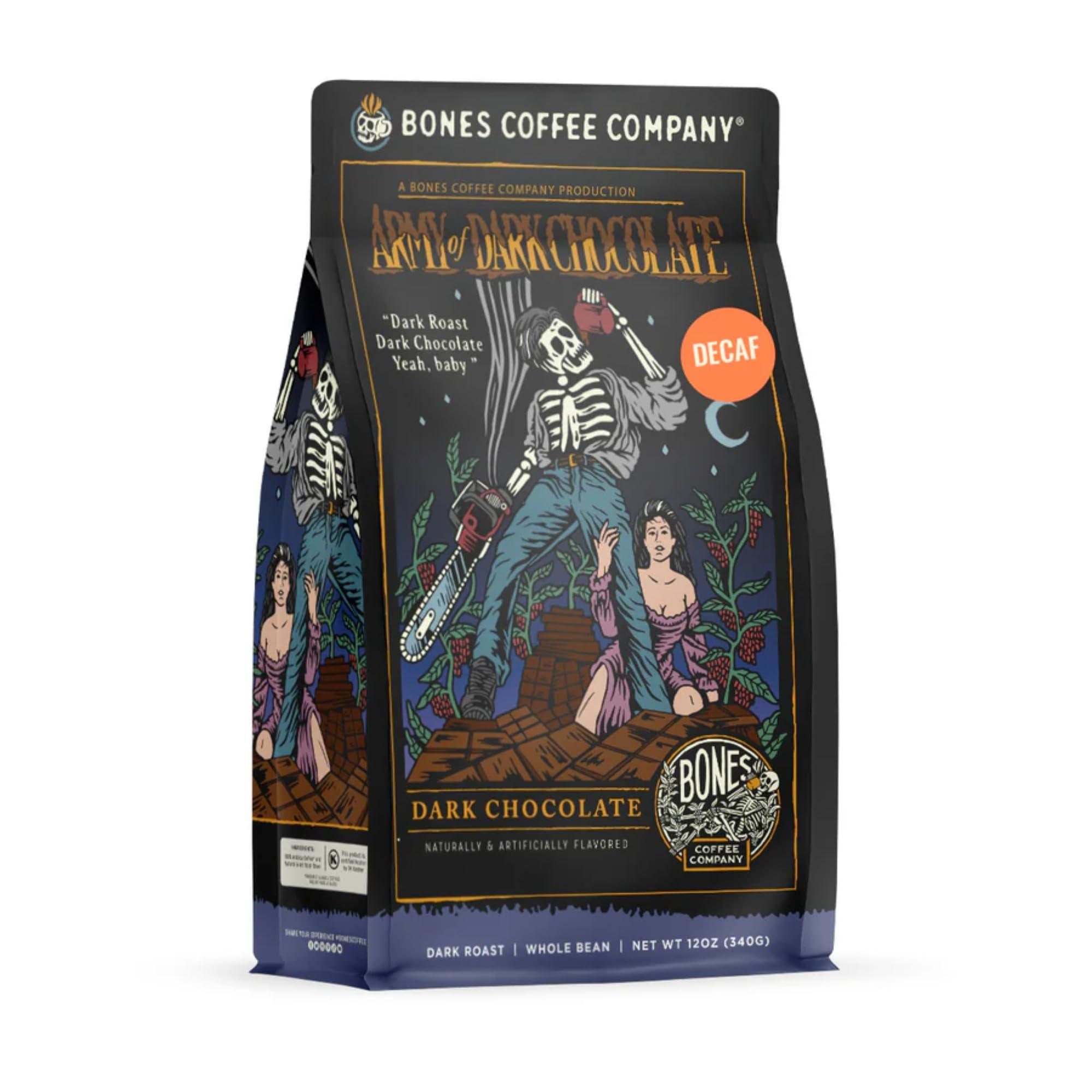 Bones Coffee Company Bones Coffee Company Decaf Army Of Dark Chocolate Flavored Coffee Beans, Whole Bean Coffee Medium Roast Low Acid Decaffeinated, Dark Chocolate Flavor (12 oz)