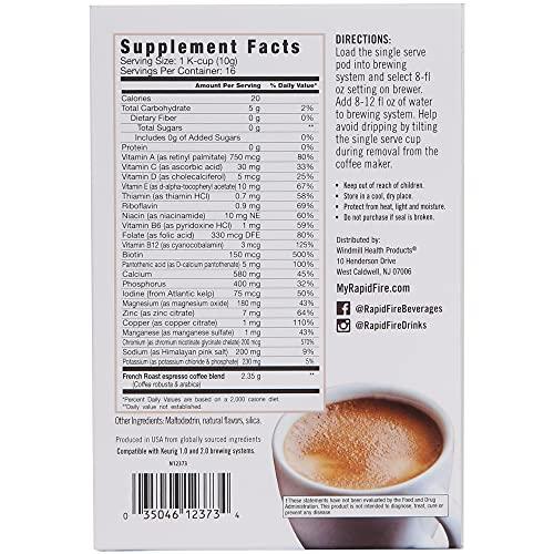 Rapid Fire RapidFire Vita Brew Coffee Pods, 22 Vitamins and Minerals with Biotin, Increase Energy and Focus, Supports Immune System, French Roast Espresso Blend, Sugar Free, 16 Pods