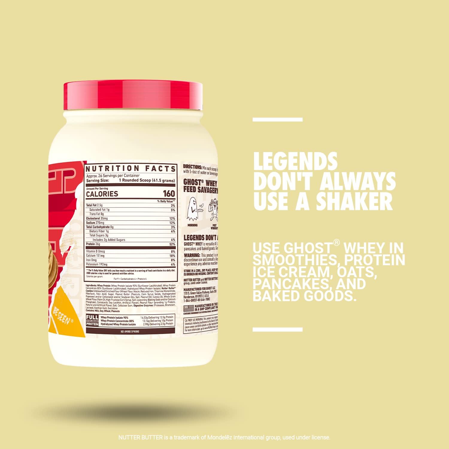 GHOST GHOST Whey Protein Powder, Nutter Butter - 2LB Tub, 26G of Protein - Peanut Butter Cookie Flavored Isolate, Concentrate & Hydrolyzed Whey Protein Blend