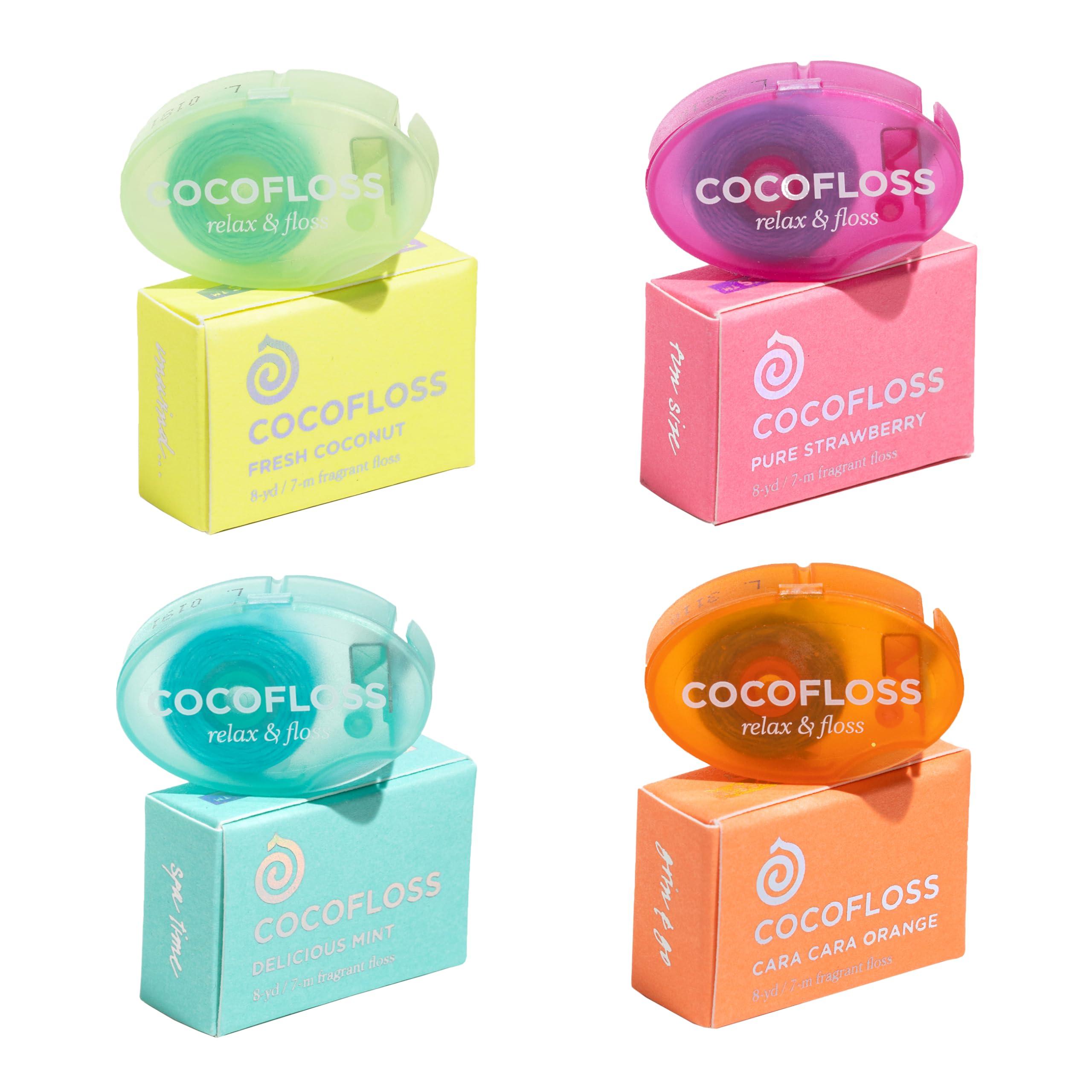 Cocofloss Cocofloss Woven Dental Floss, Travel Sampler, Dentist-Designed Oral Care with Coconut Oil, Waxed, Vegan, Kid-Friendly, 4-Pack Minis, Mint, Coconut, Orange, Strawberry (8 yd Each)