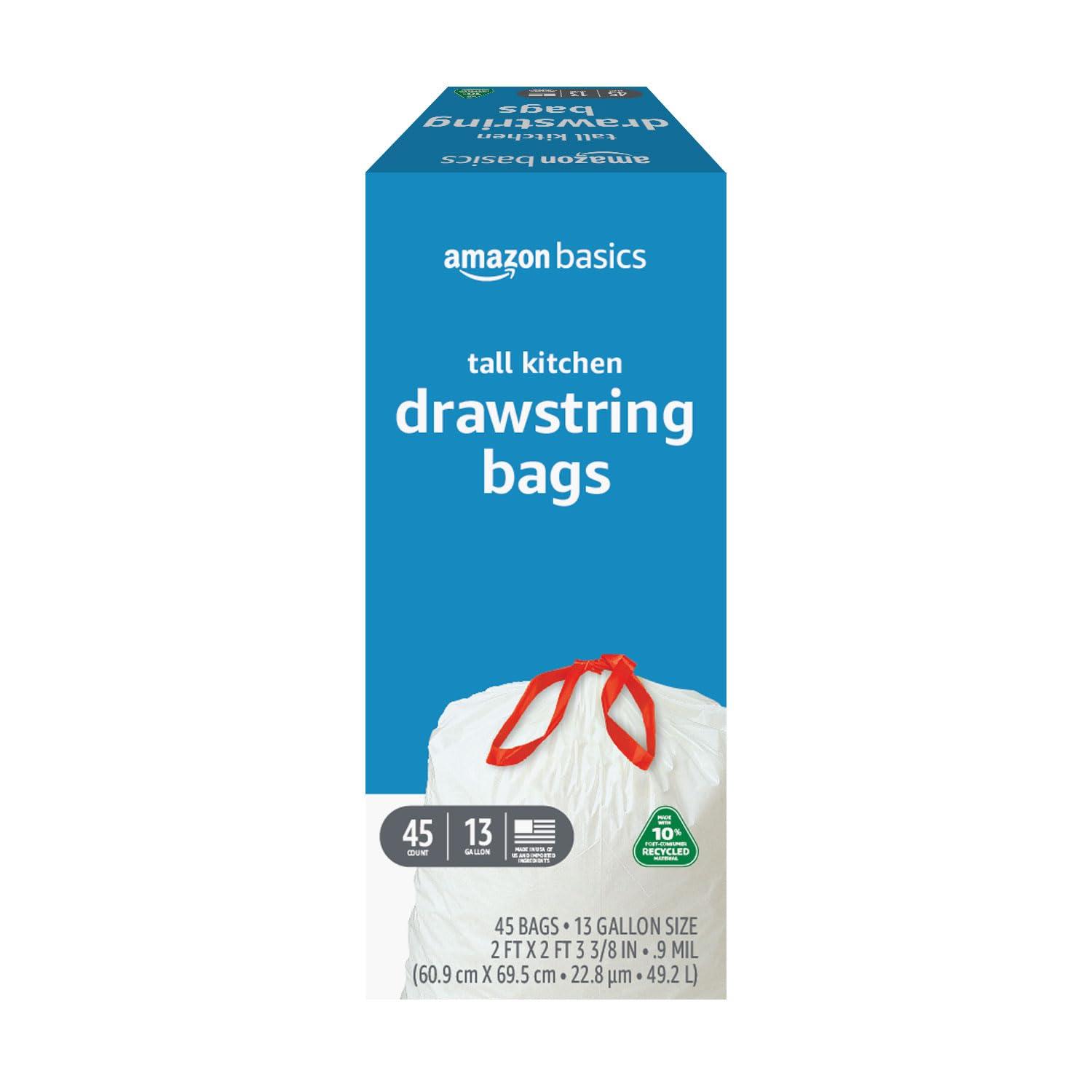 Amazon Basics Tall Kitchen Trash Bags 13 Gallon 10 Post Consumer Recycled Content Unscented 45 Count Pack of 1