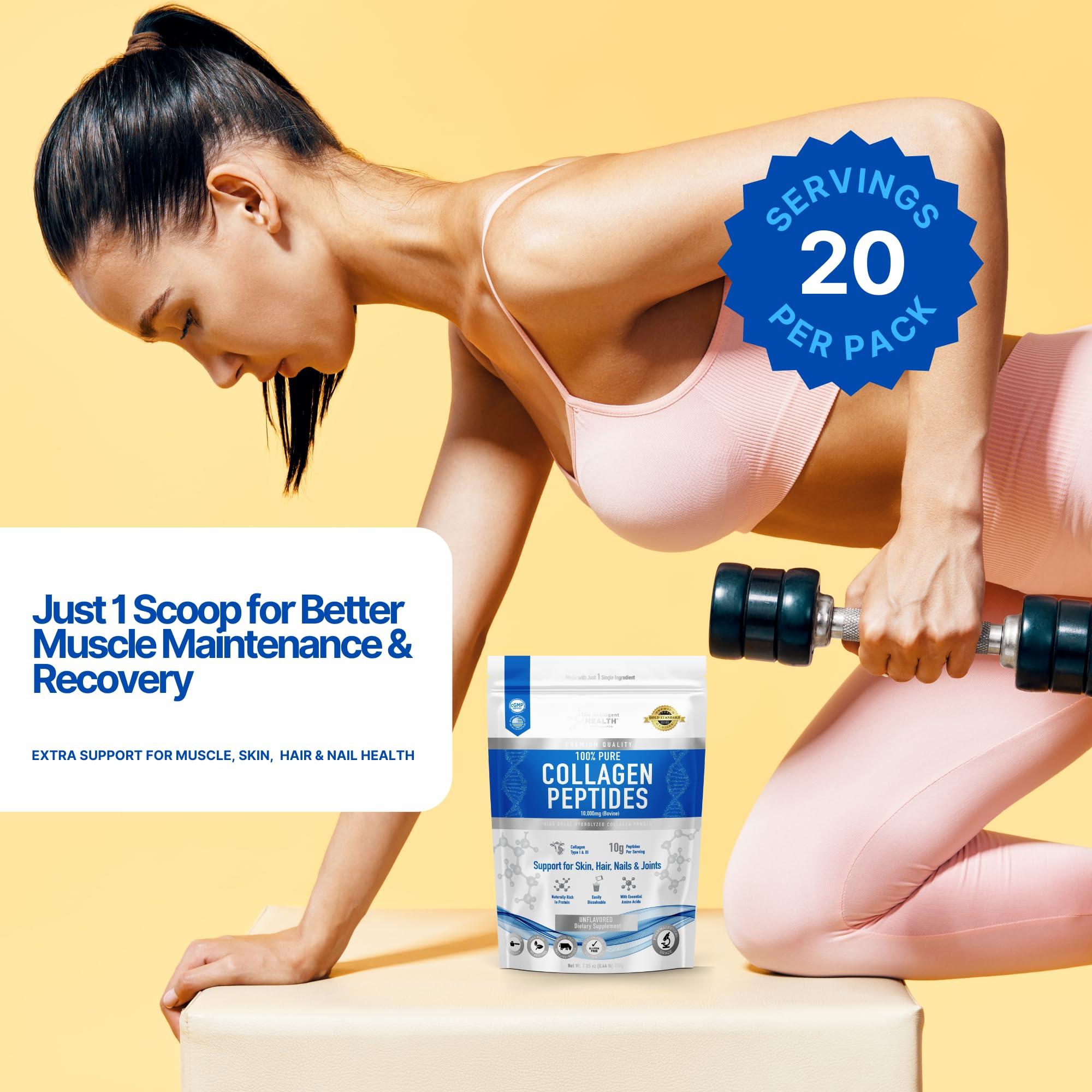 The Intelligent Health The Intelligent Health Hydrolyzed Collagen Peptides Powder, Grass Fed, High Protein, Unflavored, Gluten-Free, Paleo & Keto Friendly, 10g per Serving (200g) Supports Skin, Hair, Nails, Joints, & Bones