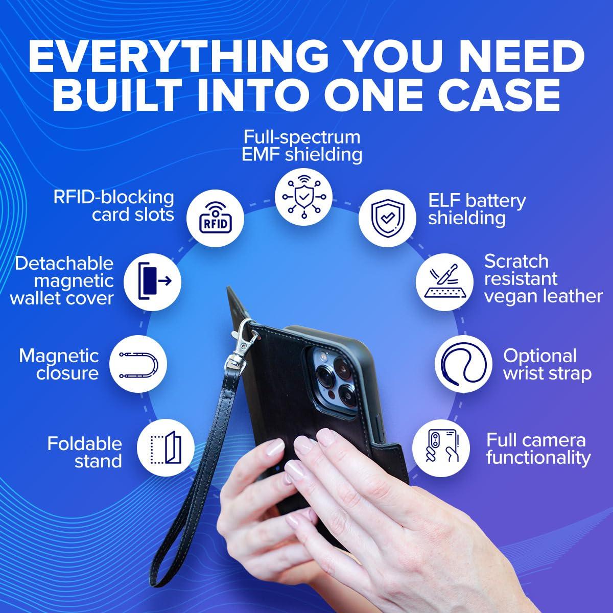 DefenderShield DefenderShield EMF Protection & 5G Anti Radiation iPhone 14 Pro Case - RFID Blocking EMF Shield Detachable Wallet Case with Magnetic Closure (Black)