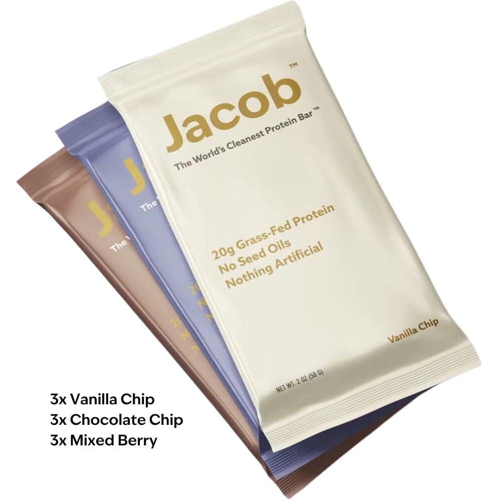 Jacob Jacob Bar, Protein Bars, Variety Pack (9 Bars Total) Contains 3 of Each; Chocolate, Vanilla, Berry - 20g Grass-Fed Protein, No Seed Oils, Nothing Artificial