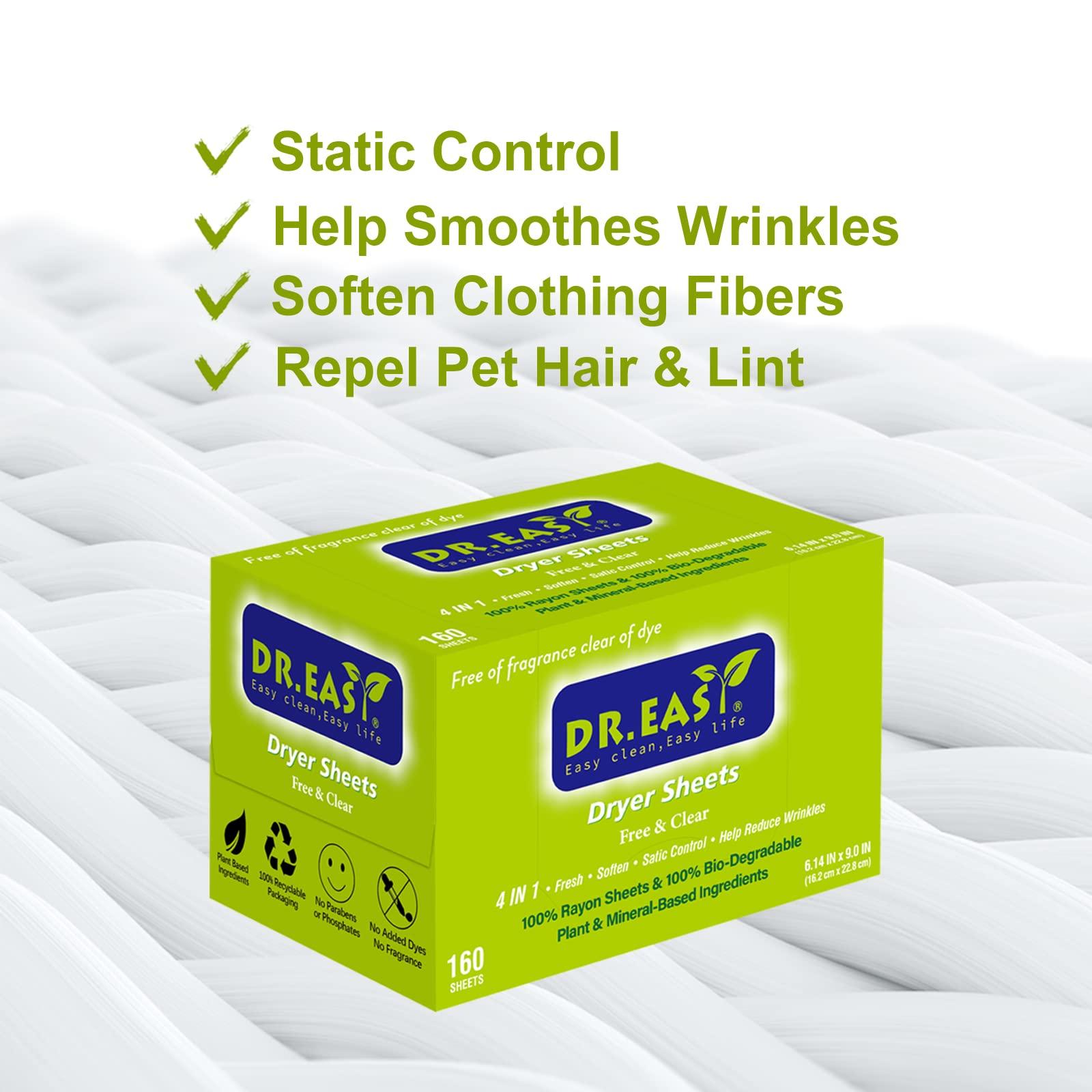 DR. EASY Dr.Easy Dryer Sheets Free & Clear Plant Based all ingredients for Sensitive Skin 320 Ct 100% Rayon Fabric Softener sheet unscented & no dyes Reduce Static & Wrinkles Soften Clothes Help Repel Pet Hair