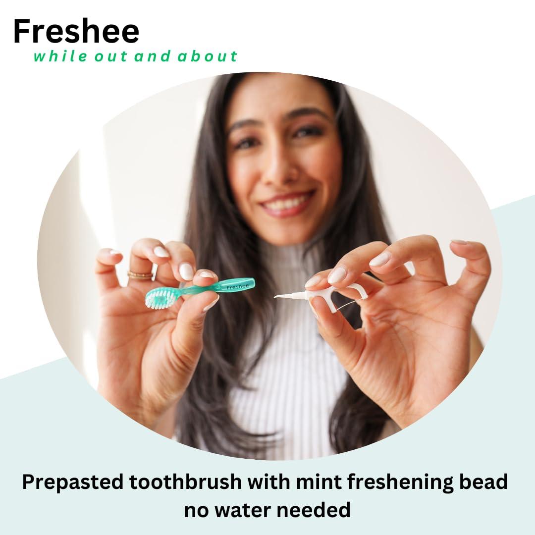 Freshee Freshee 5 in 1 Disposable Mini Toothbrush with Toothpaste + Floss + Pick + Tongue Scraper | Travel Size | Individually Wrapped | Soft | Mint | Travel Set | Oral Care