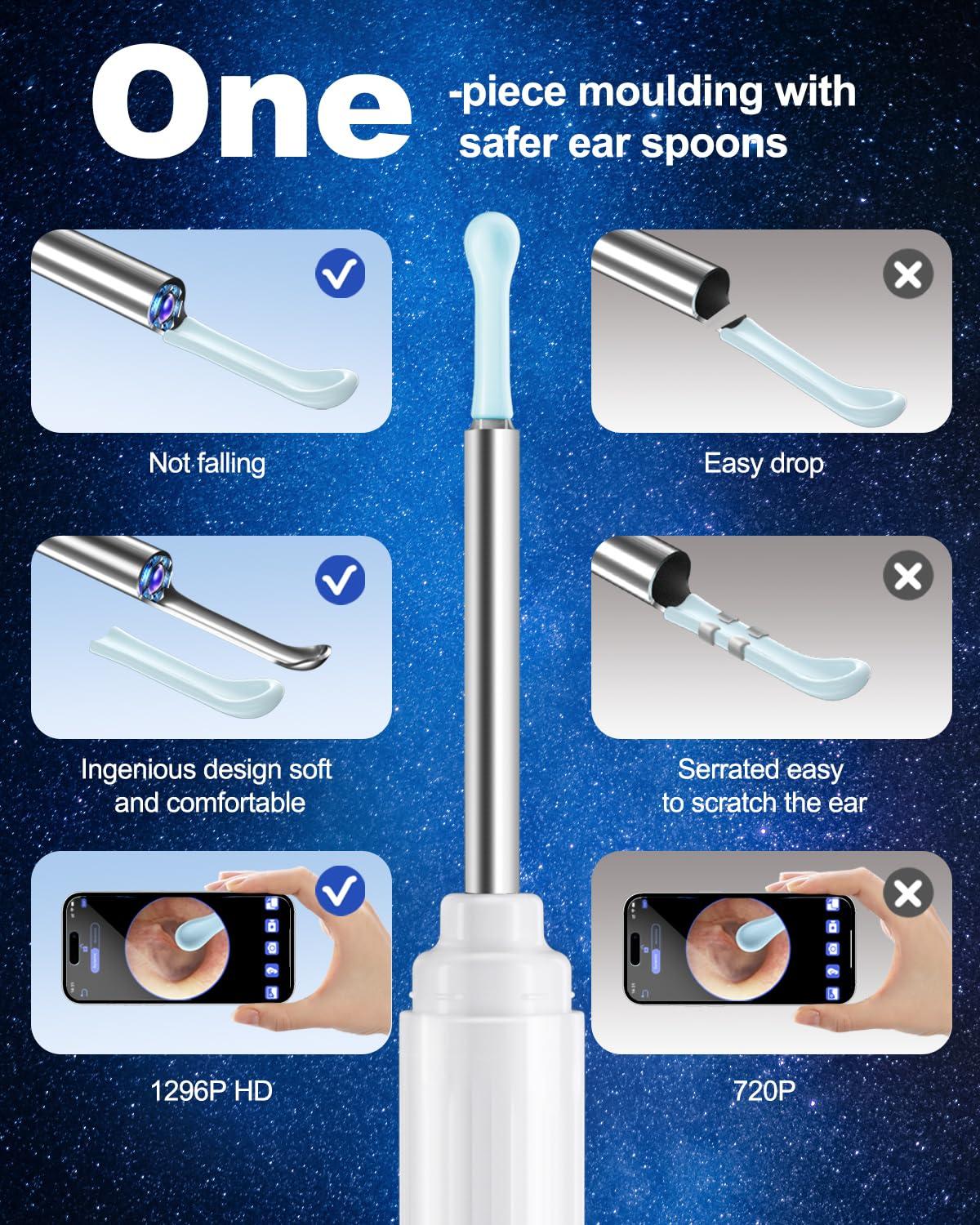HaYiue Ear Wax Removal Tool Camera, Ear Cleaner with Camera, Ear Cleaning Kit 1296P HD Ear Scope, 6 LED Lights and 6 Ear Picks, Earwax Removal with Otoscope to Earify Earwax for iOS and Android