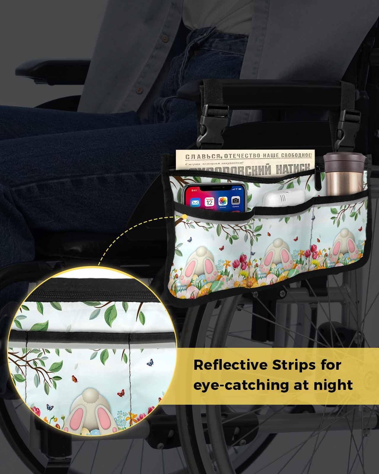 Sabolny Easter Bunny Butt Wheelchair Side Bag, Watercolor Spring Flower Eggs Leaves Wheelchair Walker Armrest Bags with Cup Holder & Reflective Stripes, Mobility Scooter Walker Rollator Wheelchair Accessories