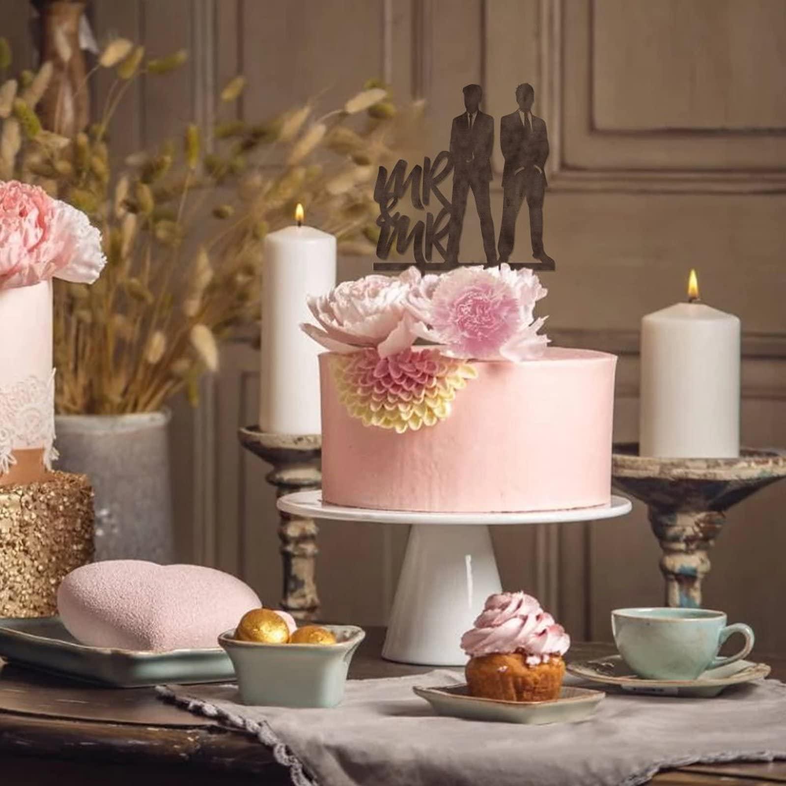 Mighun Mr & Mr Cake Topper - Same Sex Silhouette - Two Men Standing Rustic Cake Topper for Gay Couple Wedding/Coimg Out Party Decoratoions