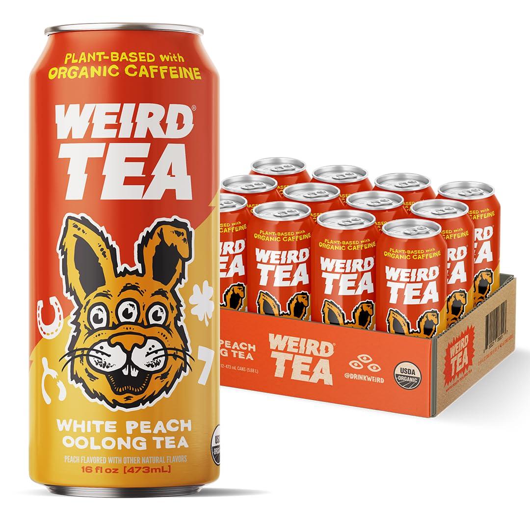 WEIRD Drink Weird Organic White Peach Oolong Tea 16oz Cans, 160mg Organic Caffeine, Pack of 12 A Refreshing Energy Drink Alternative