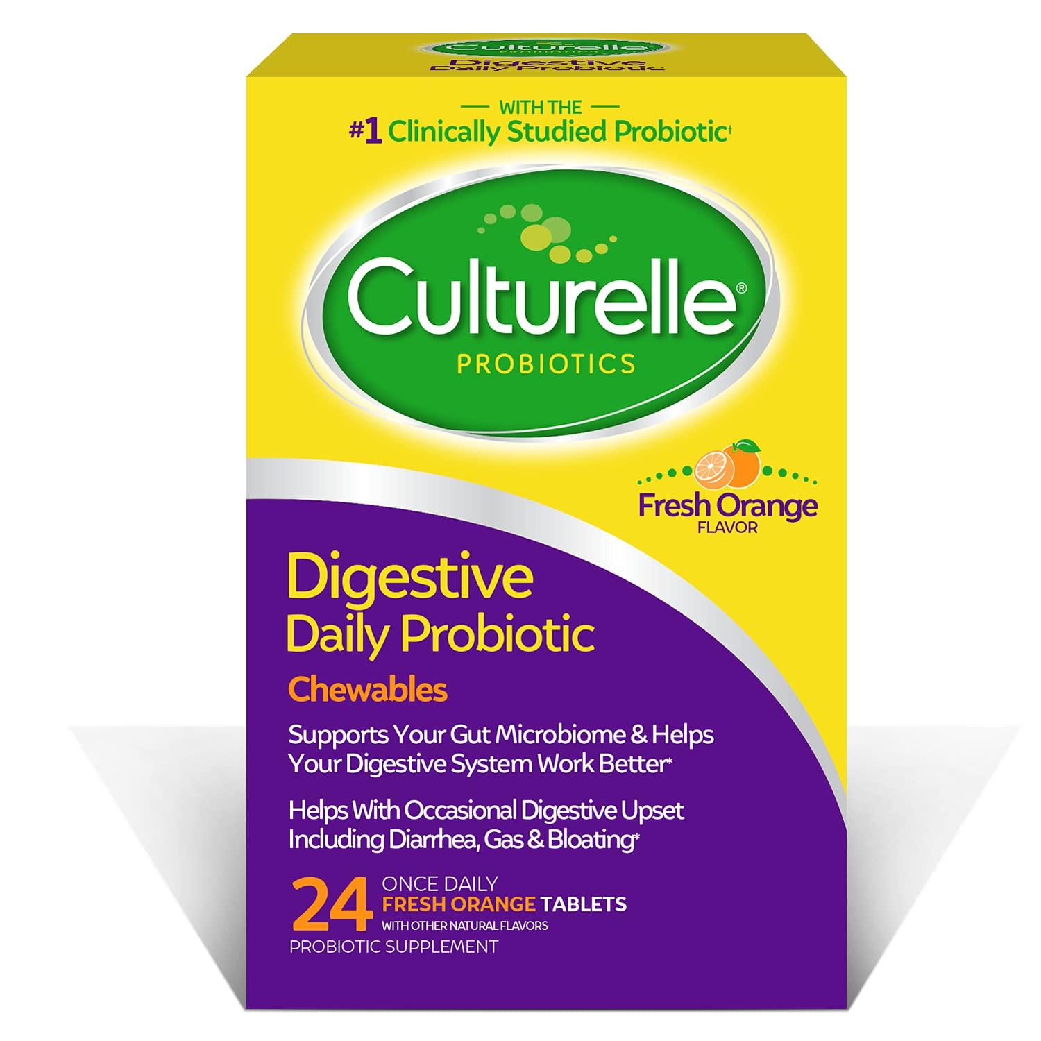 Culturelle Culturelle Digestive Health Daily Probiotic Chewables, Probiotic For Men and Women, Most Clinically Studied Probiotic Strain, 10 Billion CFUs, Supports Occasional Diarrhea, Gas & Bloating, 24 Count