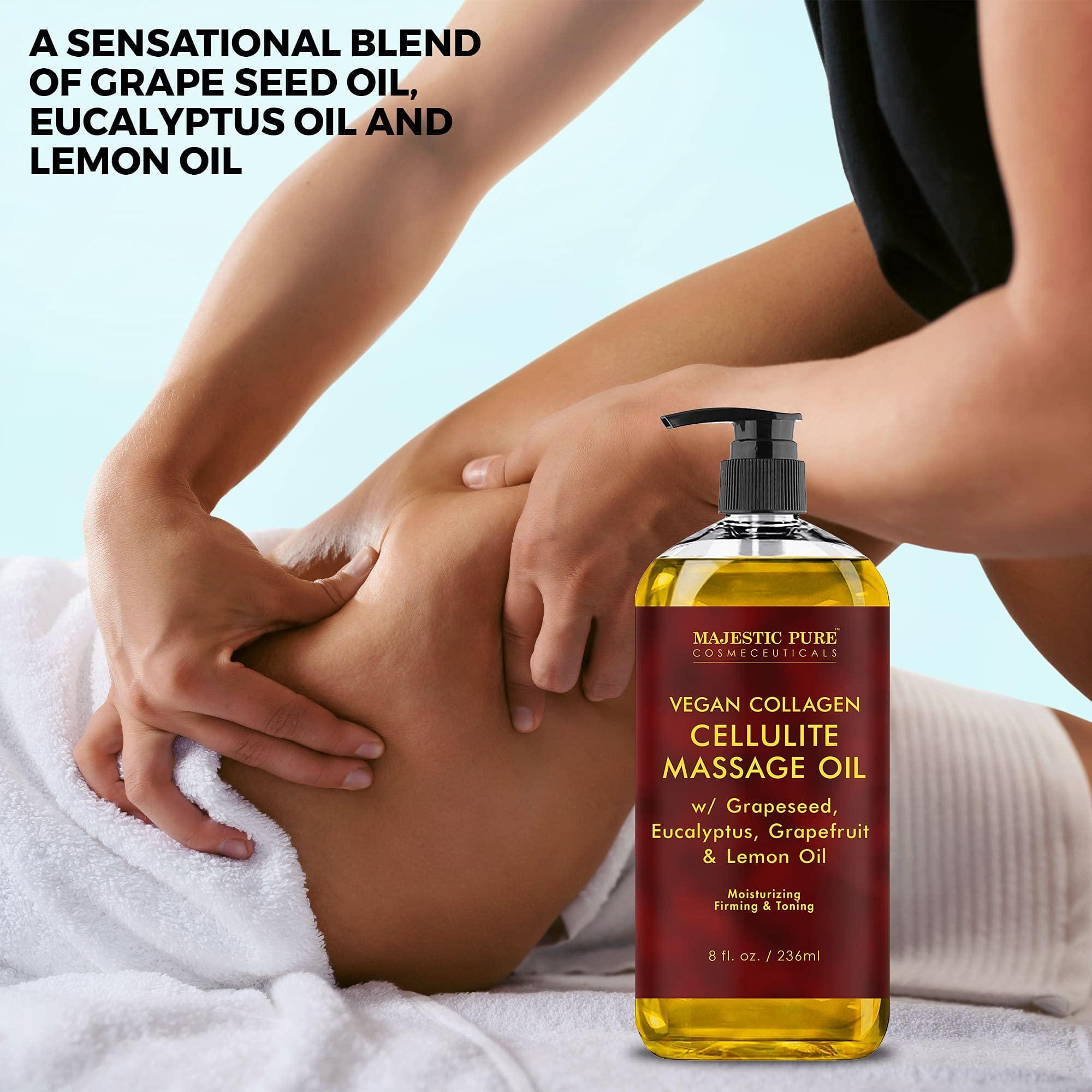 Majestic Pure MAJESTIC PURE Cellulite Massage Oil - with Vegan Collagen & Stem Cells, Unique Blend of Massage Essential Oils - Anti Cellulite Oil Improves Skin Tightening and Firming, 2 x 8 fl oz