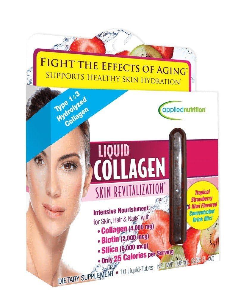 Applied Nutrition Applied Nutrition Liquid Collagen Skin Revitalization - 10 Liquid-Tubes - Concentrated Drink Mix, Tropical Strawberry & Kiwi Flavored - with Type I & III Hydrolyzed Collagen, Biotin & Silica