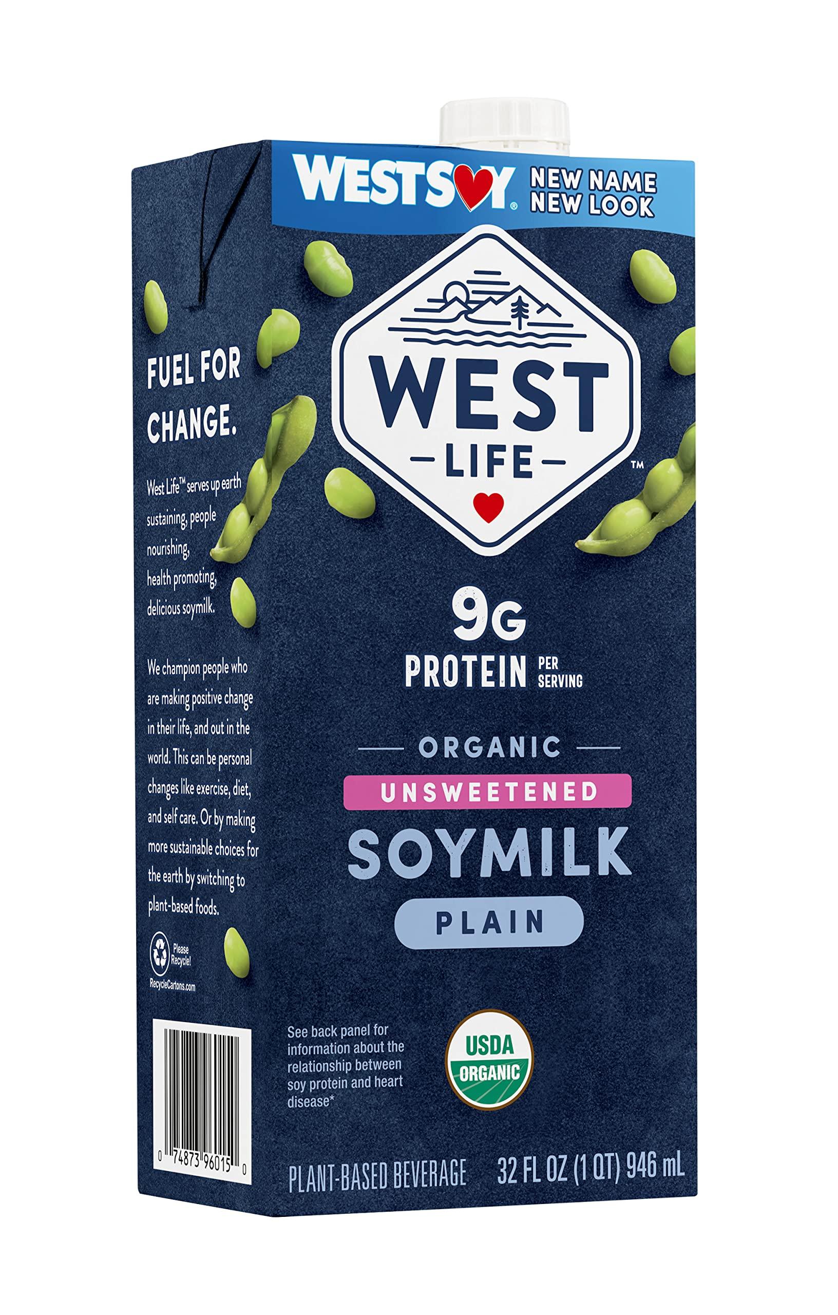 Westsoy West Life Organic Soy Milk, Unsweetened Plain, Low Sugar, 9g of Protein, Vegan Dairy Alternative, Lactose-Free, Shelf Stable, 32oz (Pack of 6)