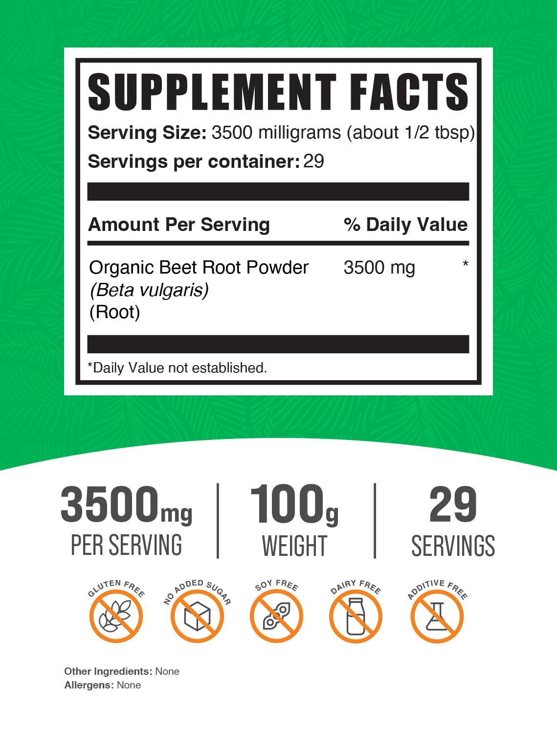 BULKSUPPLEMENTS.COM BulkSupplements.com Organic Beet Root Powder - Beet Powder Organic, Beetroot Supplement - Superfood Supplement, Vegan & Gluten Free - 3500mg per Serving, 100g (3.5 oz) (Pack of 1)