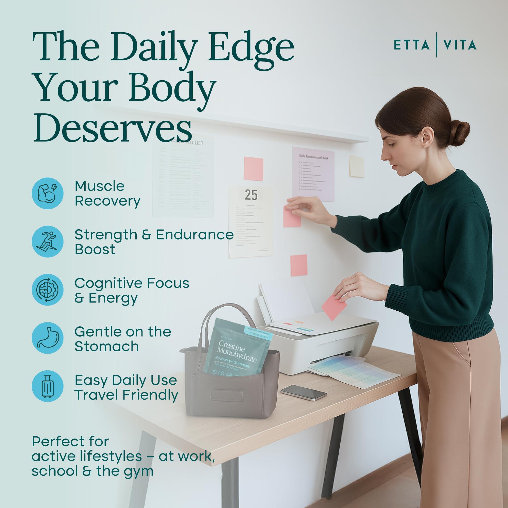 Etta Vita Sugar-Free Creatine Monohydrate Gummies (1g/Gummy) Potent Creatine Gummies for Men & Women, Creatine Supplement for Muscle Support, Cellular Energy, Cognitive Function - Non-GMO, Gluten-Free, Vegan