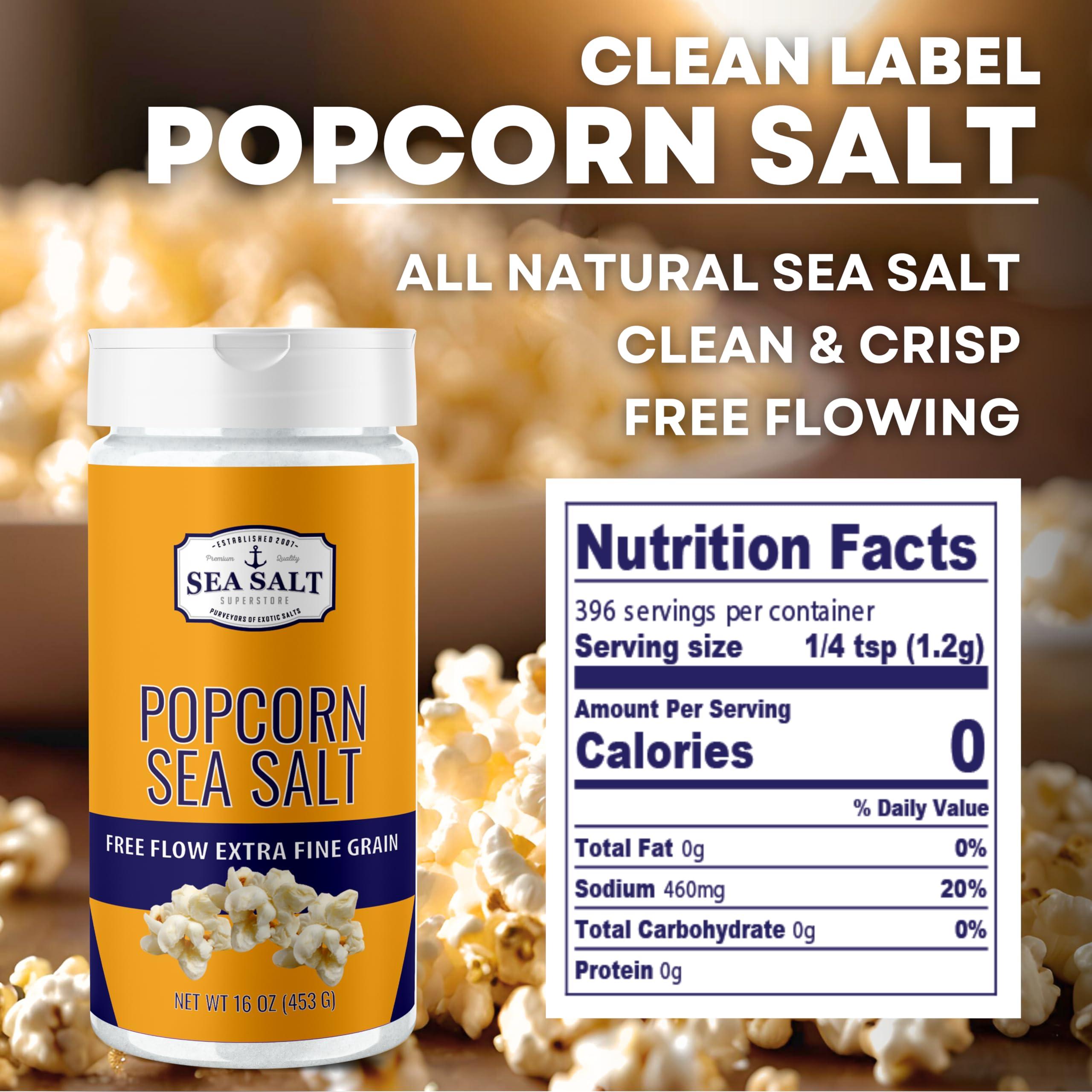 Sea Salt Superstore Popcorn Salt, Sea Salt Popcorn Seasoning, 16 oz Shaker - Sea Salt Superstore
