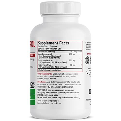 Bronson Bronson Resveratrol 500 Complex Standardized Trans-Resveratrol + Grape Seed & Red Wine Extract, 250 Capsules