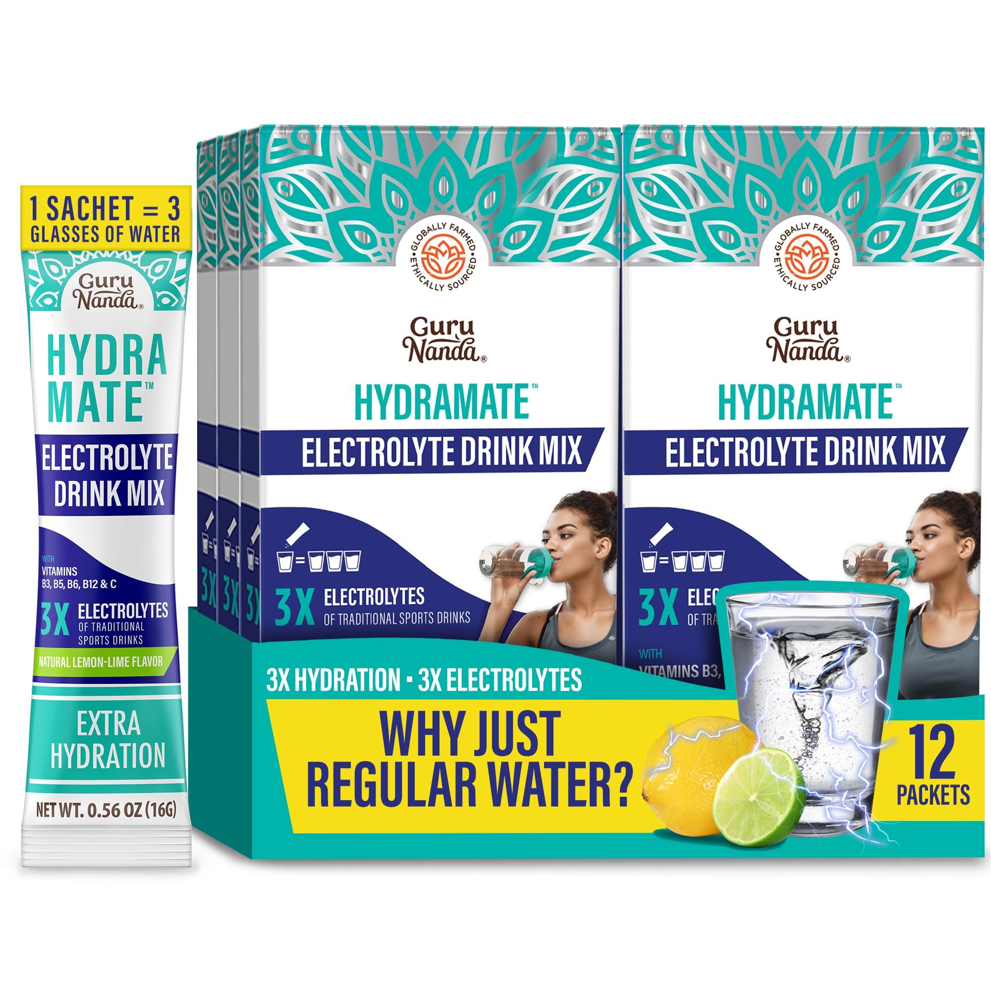 GuruNanda GuruNanda Hydramate Hydration Support Drink Mix - Electrolyte Powder Packets for Dehydration, Exercise & Energy - No Added Sweeteners, Non-GMO, Natural Lemon Lime Flavor - 12 Count (0.56 oz Each)