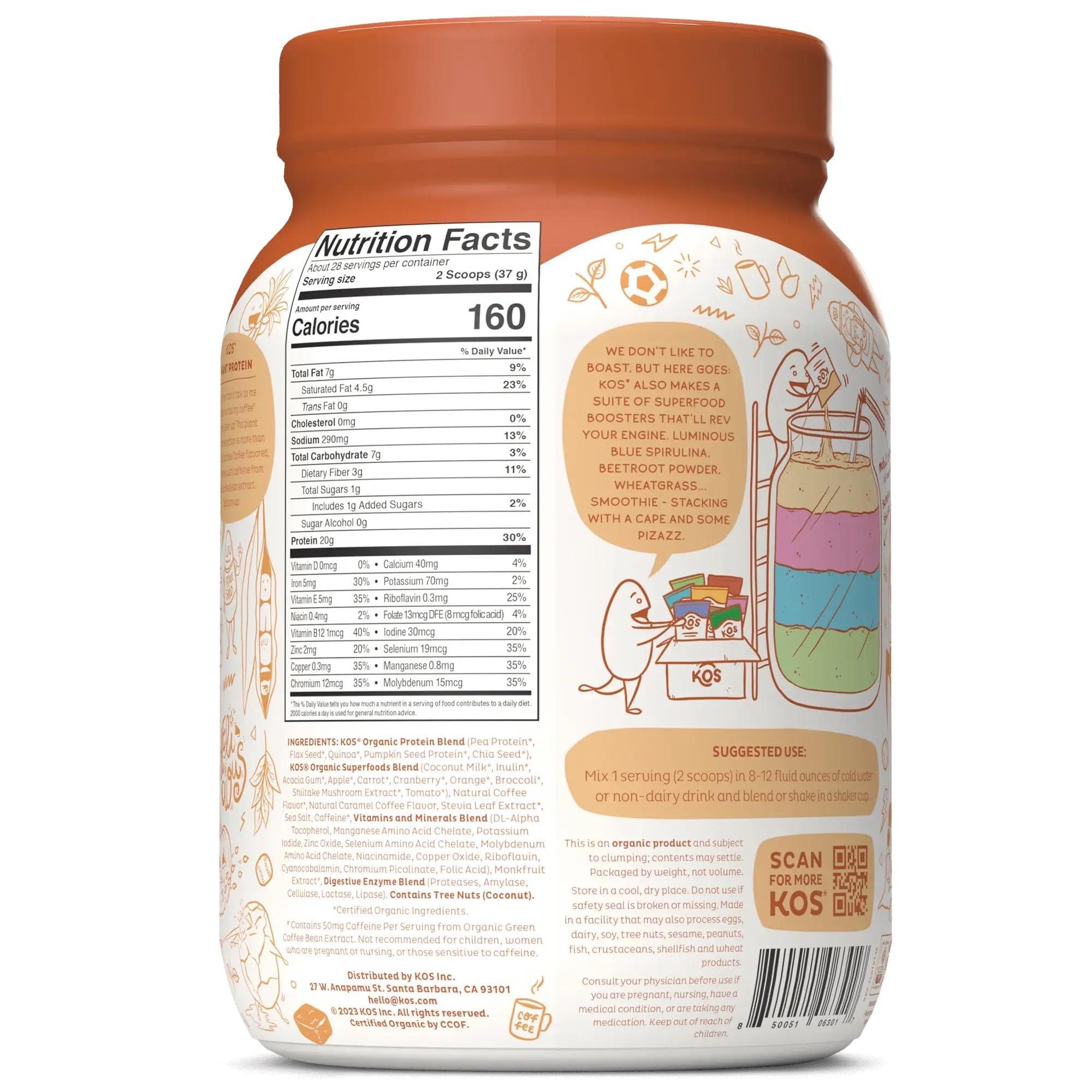 KOS KOS Organic Vegan Protein Powder with 50mg Caffeine, Salted Caramel Coffee - Pea Protein Blend, Plant Based Superfood Rich in Vitamins & Minerals - Meal Replacement for Women & Men, 28 Servings