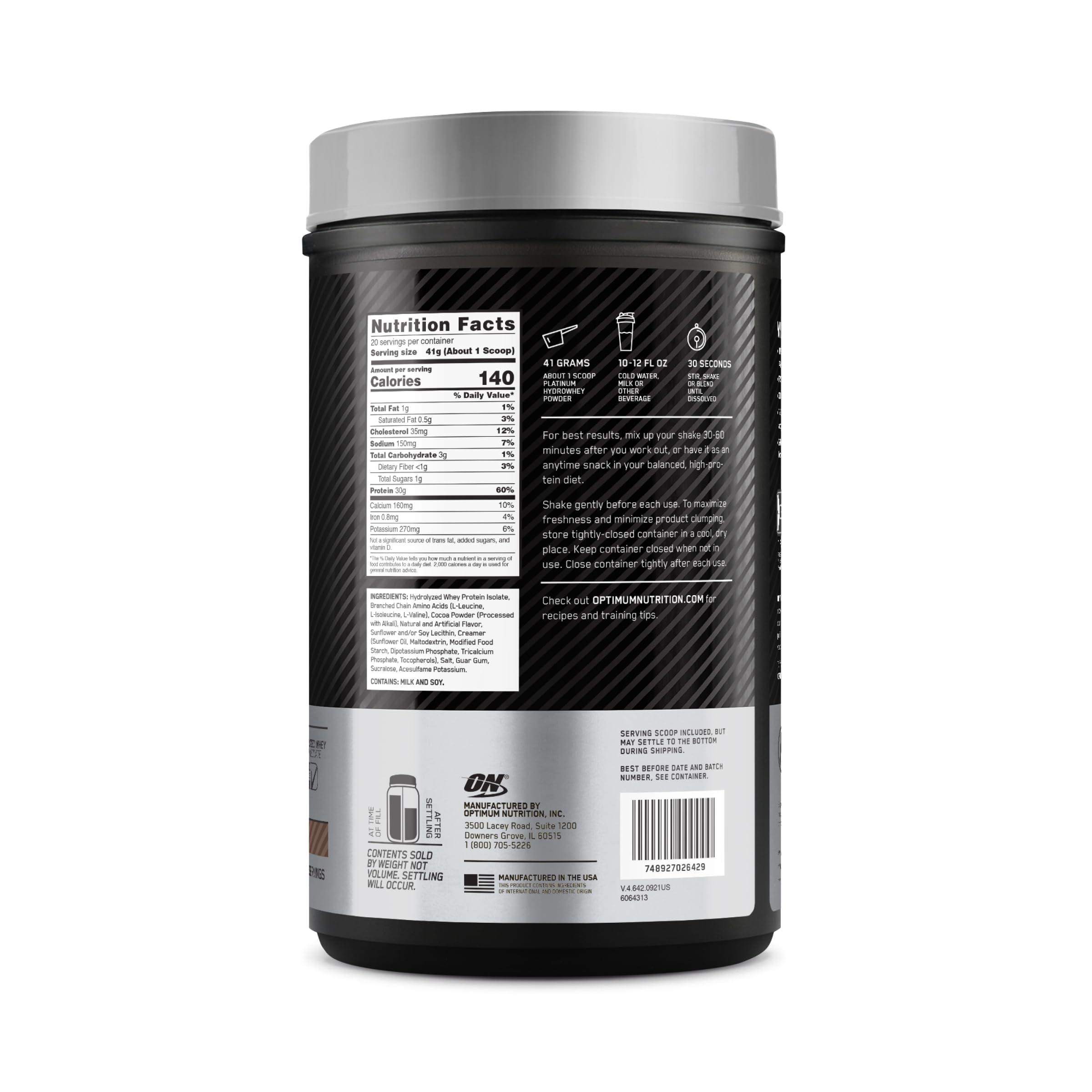 Optimum Nutrition Optimum Nutrition Platinum Hydrowhey Protein Powder, 100% Hydrolyzed Whey Protein Isolate Powder, Flavor: Turbo Chocolate, 20 Servings, 1.8 Pounds (Packaging May Vary)