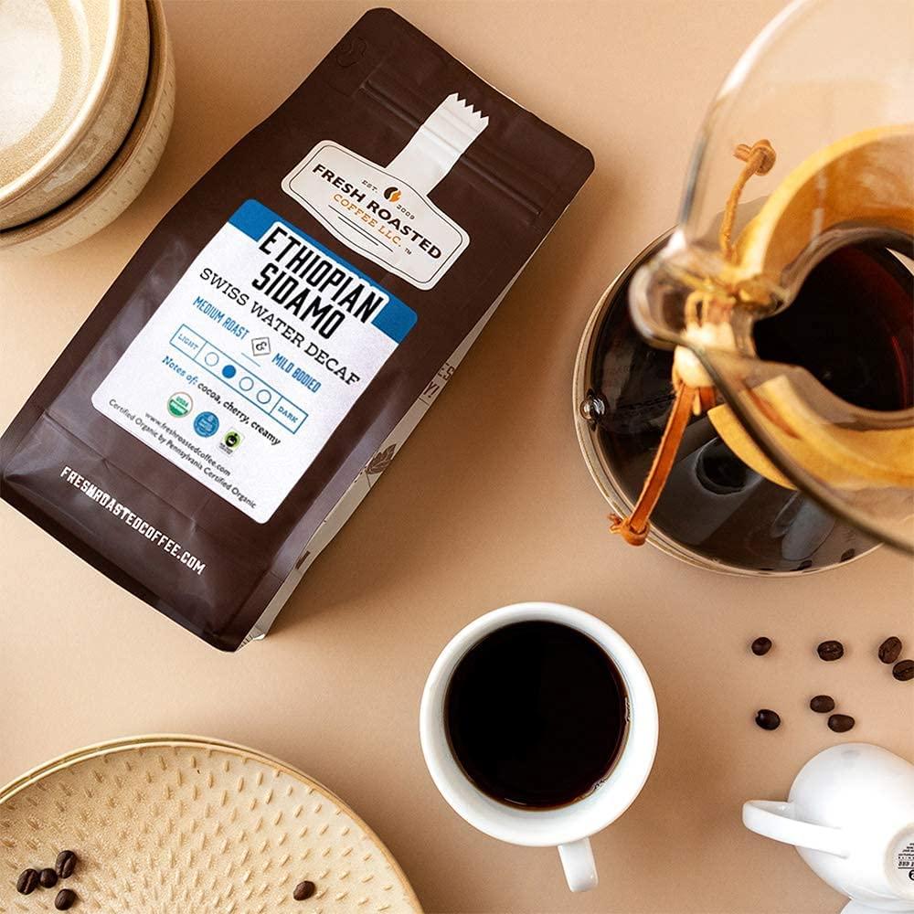 Fresh Roasted Coffee Fresh Roasted Coffee, Fair Trade Organic Ethiopian Sidamo Water Decaf, 12 oz, Kosher, Medium Roast, Ground