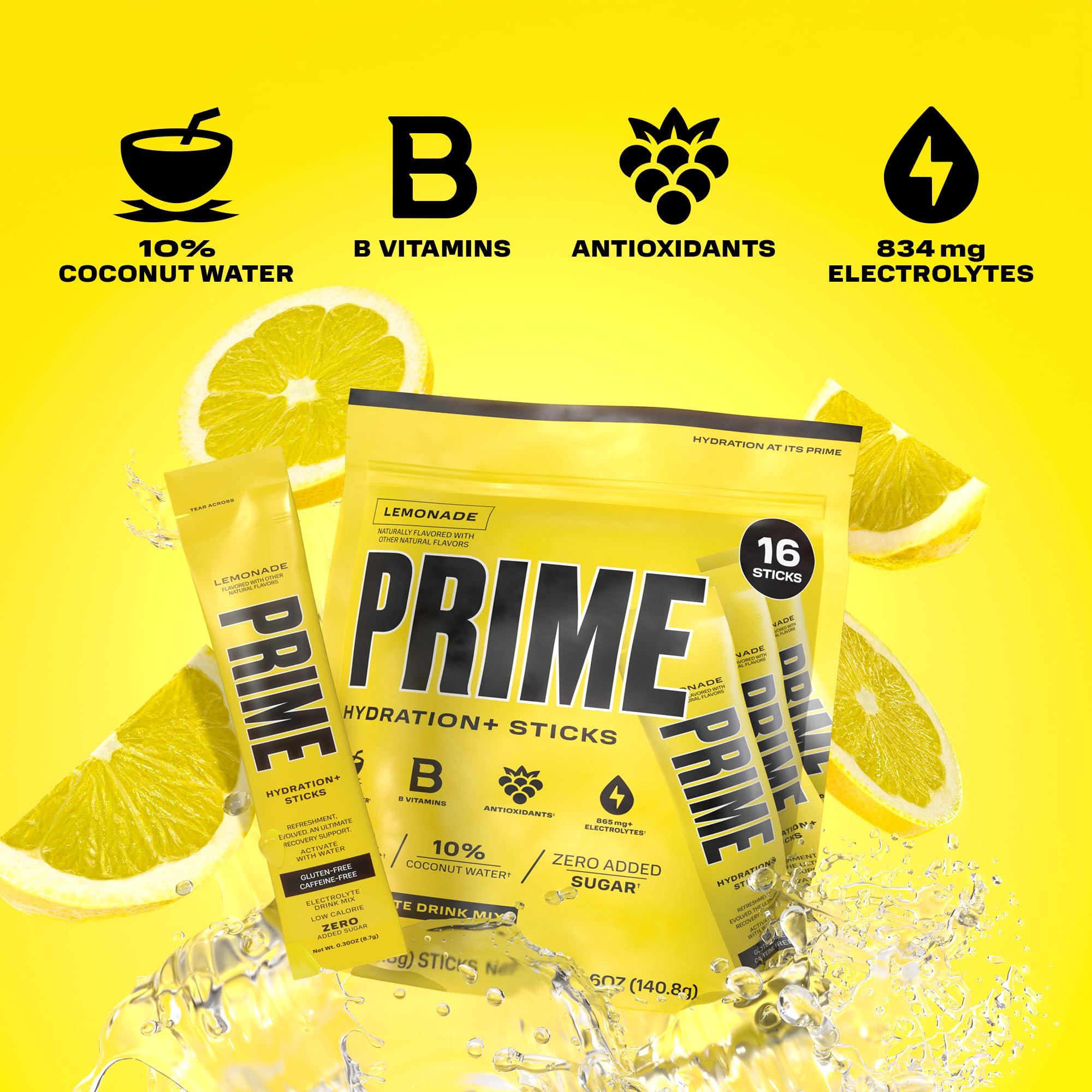 PRIME HYDRATION PRIME HYDRATION+ Sticks Lemonade | Hydration Powder Single Serve Sticks | Electrolyte Powder On The Go | 250mg BCAAs, B Vitamins, Antioxidants | Low Sugar | Caffeine-Free | Vegan | 48 Sticks