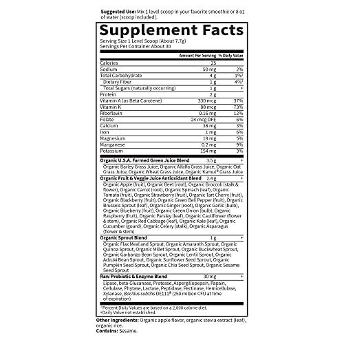 Garden of Life Garden of Life Raw Organic Perfect Food Green Superfood Juiced Greens Powder - Apple Flavor, 30 Servings - Vegan Gluten Free Whole Food Dietary Supplement, Greens Plus Probiotics & Enzymes