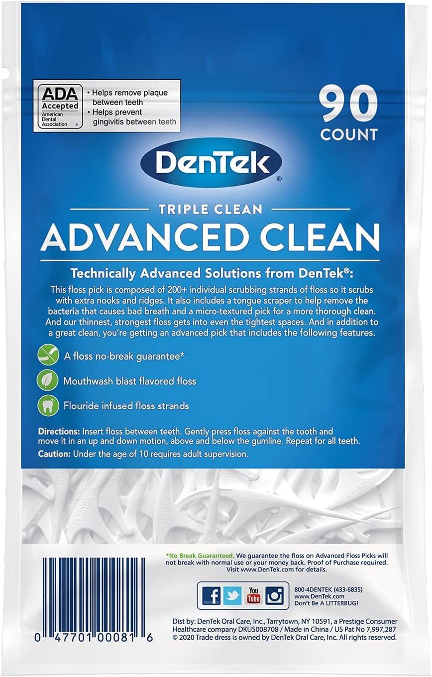 DenTek DenTek Triple Clean Advanced Clean Floss Picks, No Break & No Shred Floss, 90 Count, (Pack of 1)