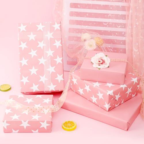 U\'COVER U\'COVER Pink Gift Wrapping Paper Roll for Girls Women Birthday Baby Shower Wedding Christmas Valentines Day Anniversary Graduation Holiday Gift Wrap Rolls Star Pattern Medium Roll (PINK)