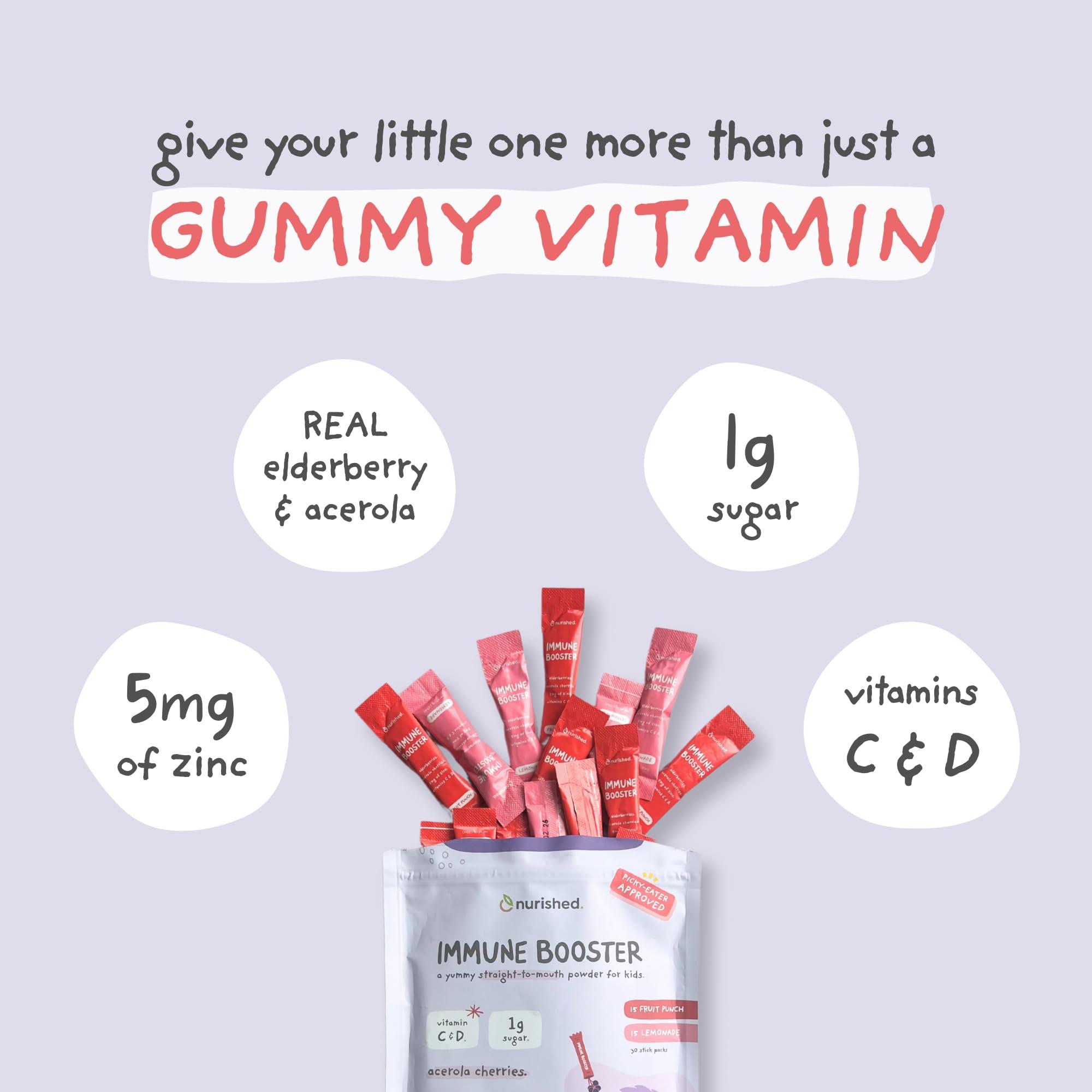 Nurished Nurished Kids Immune Booster with Elderberry, Acerola Cherry, Zinc, Vitamins C & D - Straight-to-Mouth Powder - 30 Servings - 2 Flavors