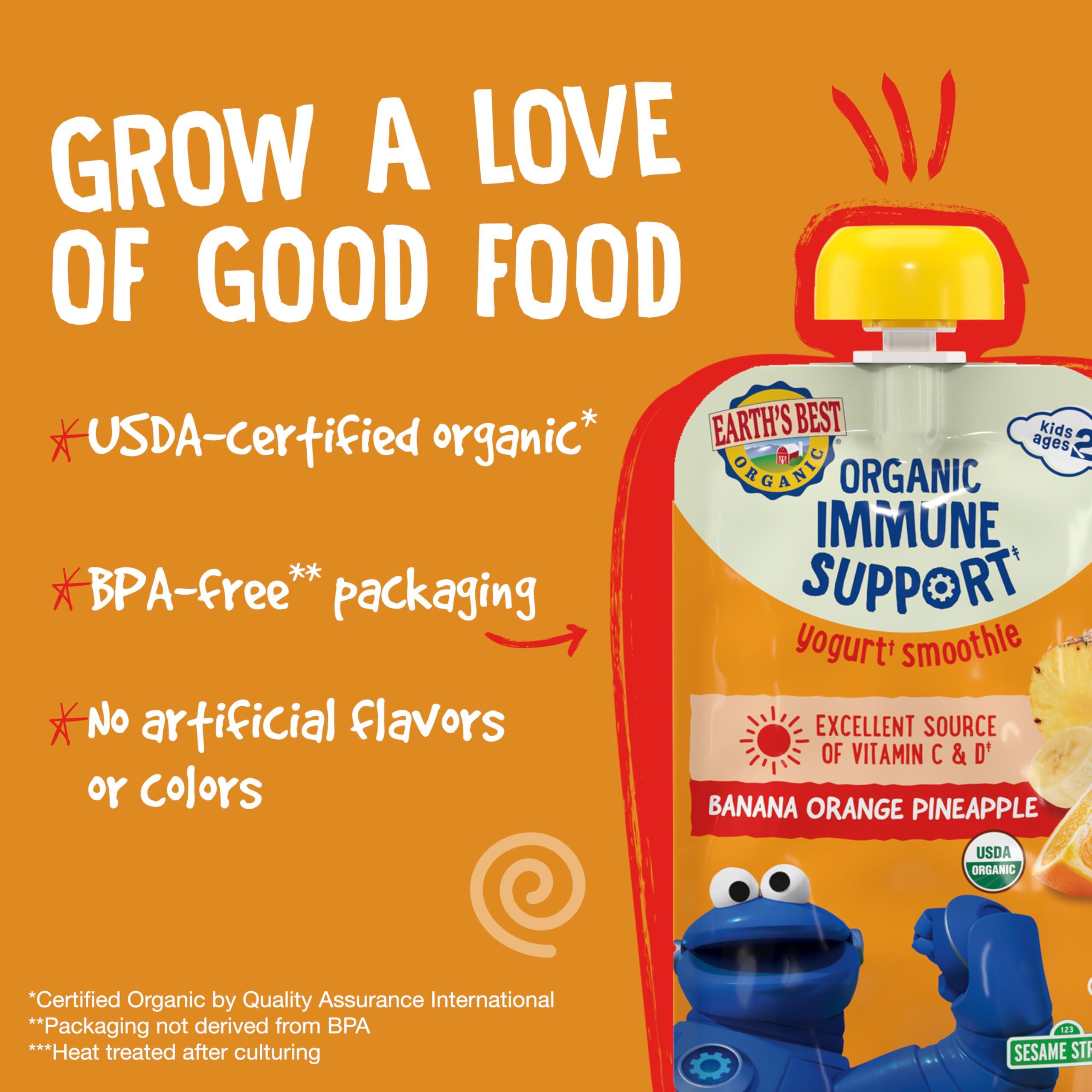Earth\'s Best Earth\'s Best Organic Kids Snacks, Sesame Street Toddler Snacks, Immune Support Fruit Smoothie for Toddlers 2 Years and Older, Pineapple Orange Banana, 4 oz (Pack of 12)