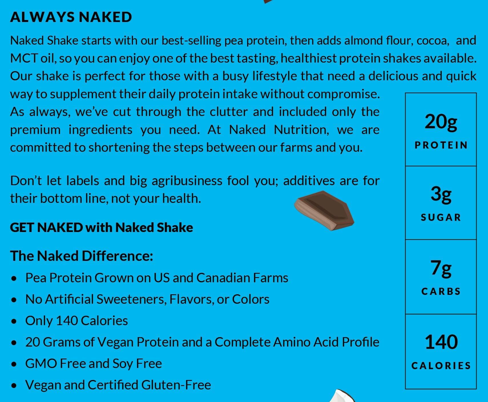 NAKED Naked Shake - Chocolate Coconut Almond Protein Powder - Flavored Plant Based Protein from US & Canadian Farms with MCT Oil, Gluten-Free, Soy-Free, No GMOs or Artificial Sweeteners - 30 Servings