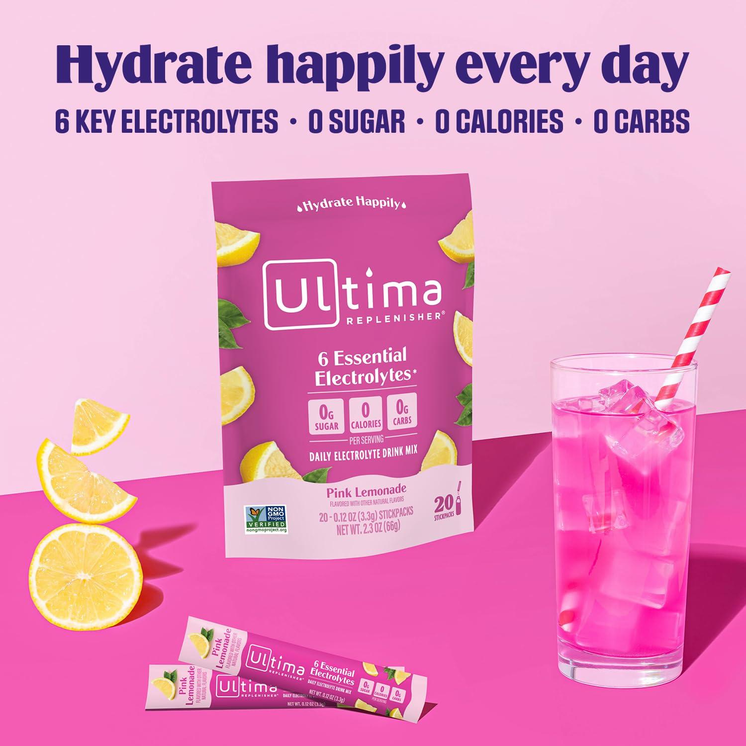 Ultima Replenisher Ultima Replenisher Electrolyte Powder Drink Mix Bundle  Pink Lemonade, 30 Serving Canister and 20 Stickpacks  6 Electrolytes and Minerals  Keto Friendly, Vegan, Non-GMO and Sugar-Free