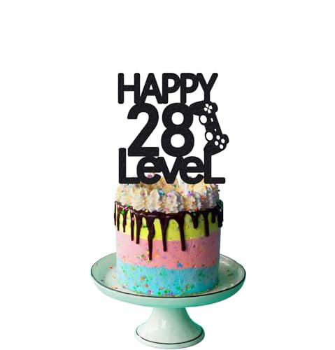 LVUPKFF Level 28th Birthday Cake Topper for Men 28 year Video Game Theme Party Decoration, Handmade, Black