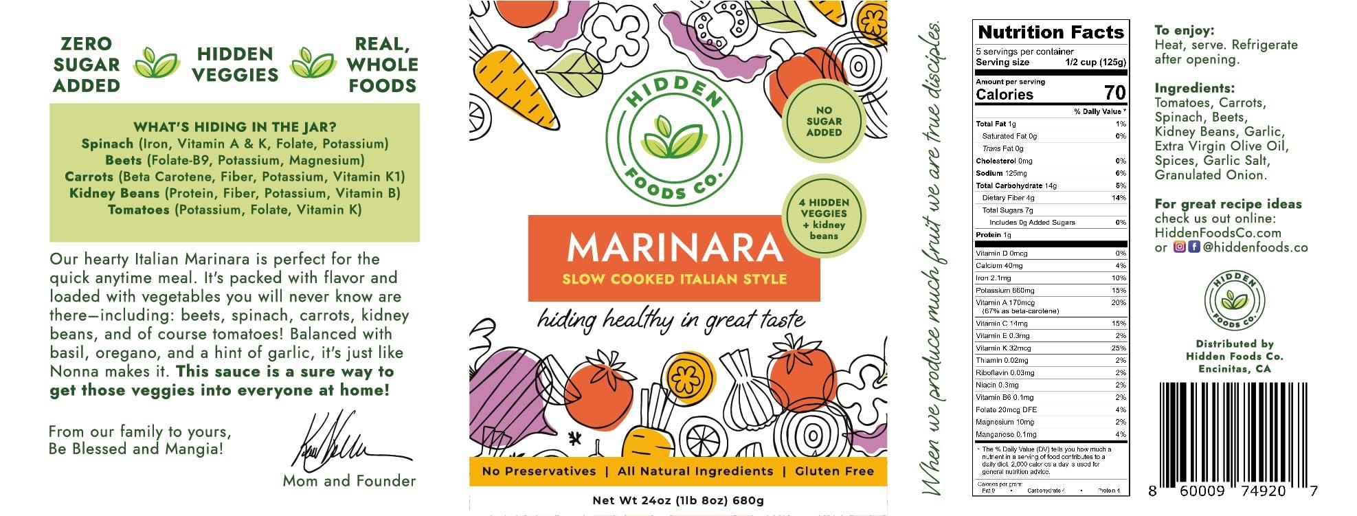 Hidden Foods Co. Hidden Foods Slow Cooked Marinara Sauce with Natural Vegetables, 24 oz. Jar, Low Carb and Low Sodium, No Sugar Added, Thick and Delicious Flavor for Pasta, Pizza, and Recipes