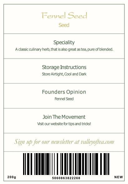 Valley of Tea Fennel Seed Organic Herbal Delicacy - Culinairy Grade - Foeniculum Vulgare Seeds Fenkel - Fennel Seeds For Cooking Organic Fennel Fenal Seeds 200g