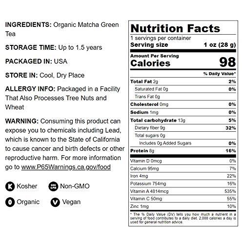 Food to Live Food to Live Organic Matcha Green Tea Powder, 4 Ounces Non-GMO, Kosher, Authentic Japanese Origin - Gourmet Grade, Vegan, Great for Tea, Smoothies, Lattes, Desserts, Baking, Sirtfood, Bulk