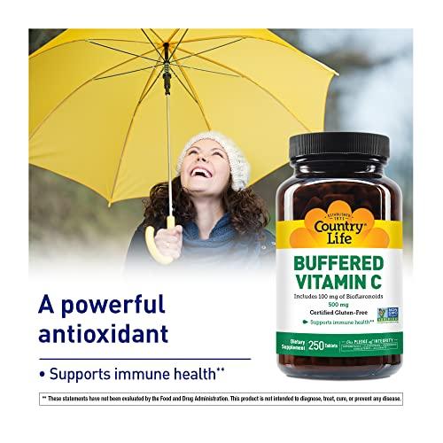 Country Life Country Life Vitamin C Buffered with Bioflavonoids, 500mg, 100 Tablets, Certified Gluten Free, Certified Vegan
