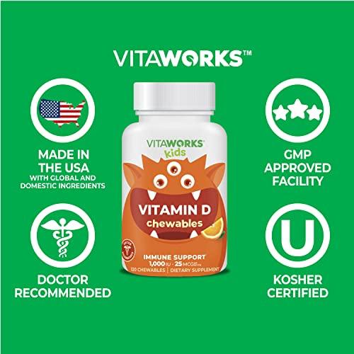 VitaWorks VitaWorks Kids Vitamin D 1000 IU Chewable Tablets - Tasty Natural Orange Flavor - Vegan, GMO-Free, Gluten Free, Nut Free Vitamins - Dietary Supplement for Immune Support - for Children - 120 Chewables