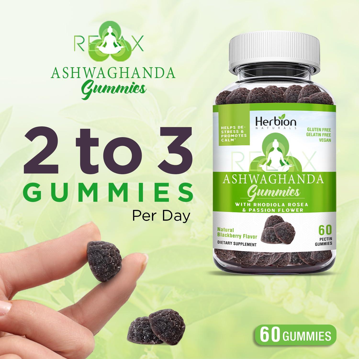Herbion Naturals Herbion Naturals Ashwagandha Gummies with Herbal Blend, Helps De-Stress & Promote Calm*, Natural BlackBerry Flavor, Gluten-Free, 60 Pectin Gummies, Vegan, Made in USA, Pack of 4