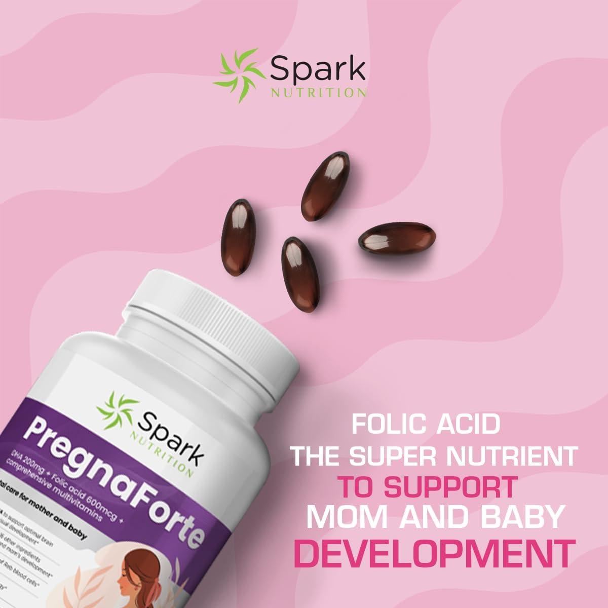 Spark Nutrition Pregnaforte 1 a day Prenatal vitamins for women 2 month: Folic acid, Fish Oil Omega 3 DHA/EPA, Vitamin D3, B6, Vitmain B12, C, E, Calcium, Iron, Magnesium, Zinc supplement FSA HSA eligble multivitamin