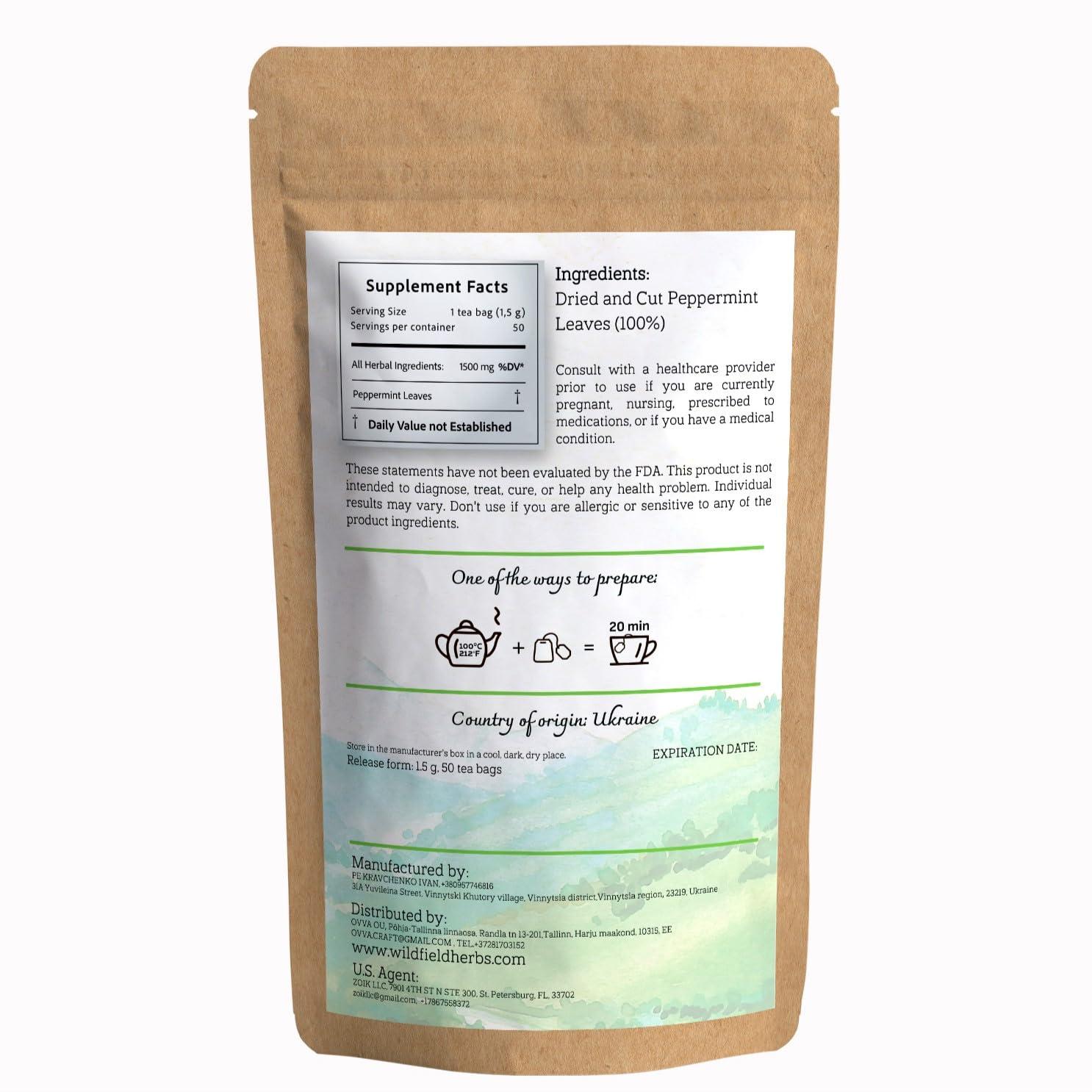 WILDFIELD HERBS 50 bags Mint Tea Bags Peppermint Tea Bags Loose Leaf Fresh Mint Leaves - 50 Count 1.5 g Tea Bags Dried Peppermint Leaves Herbal Tea (Menta Piperita) te de menta